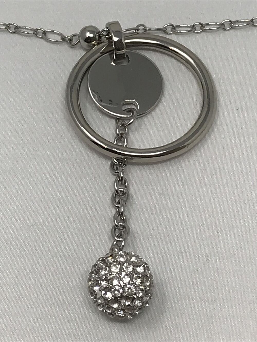 CHICO'S Necklace LONG Silver Tone Clear Crystal Pendant Sphere Circle Geometric